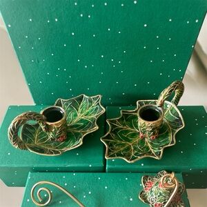 Vintage enamel and Faberge candlesticks with gold trim.